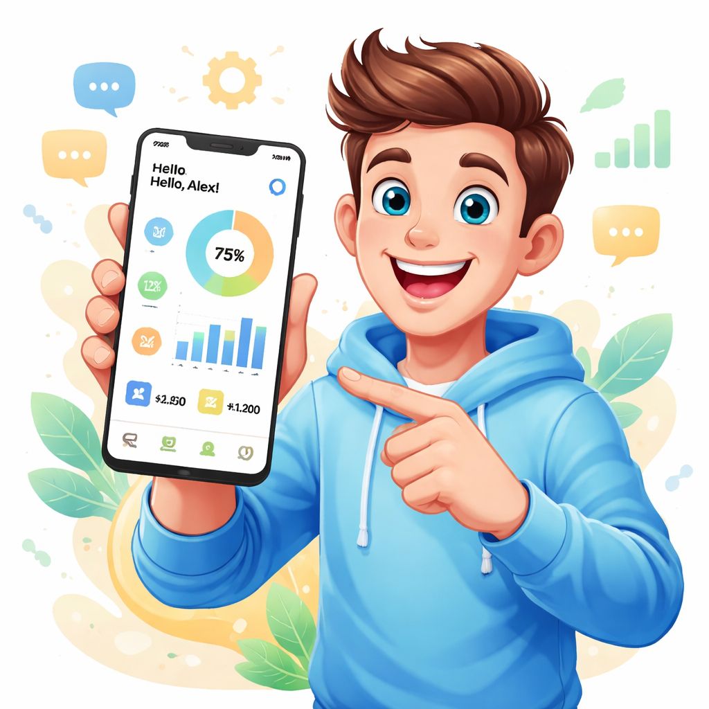 vb8000 themed cartoon character using a smartphone with bright app interface elements