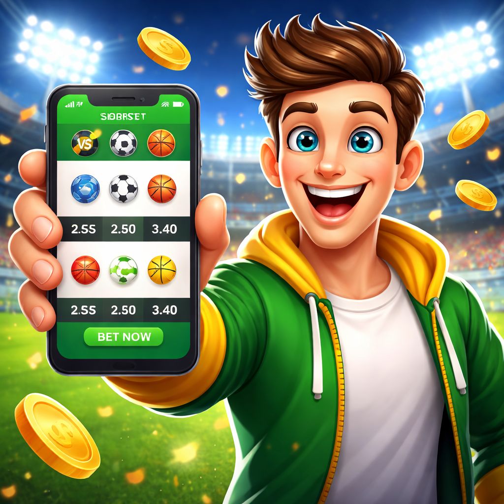 vb8000 themed cartoon sports betting character with phone and match stats