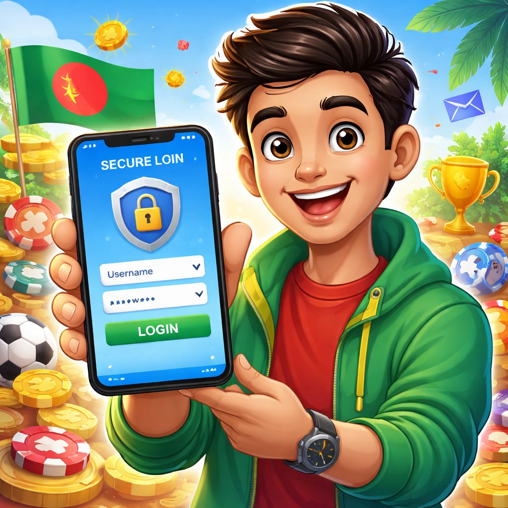 vb8000 themed cartoon character using a mobile login screen with secure access icons